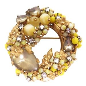 ORIGINAL BY ROBERT Signed Vintage Yellow Flower Rhinestone Wreath Brooch Pendant